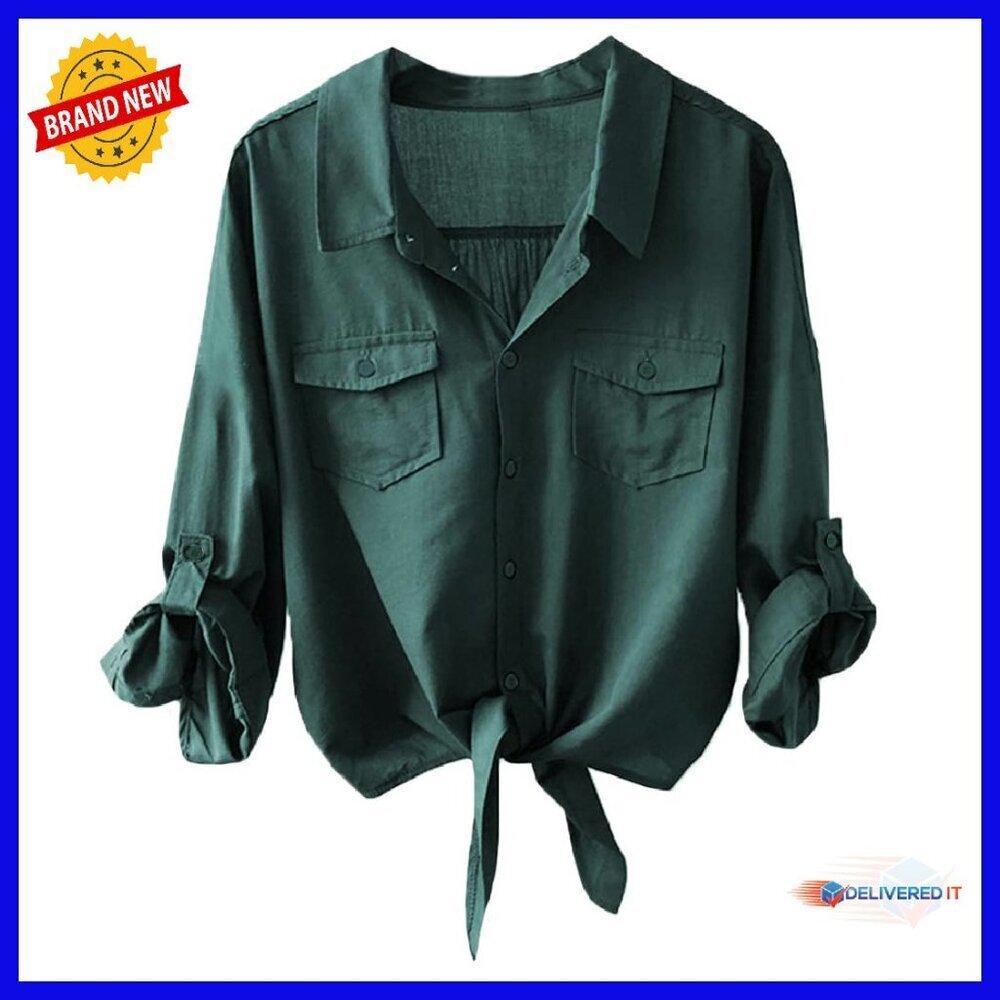 Women's 3/4 Sleeve Tie Front Button Down Blouse Loose Fit Office Casual